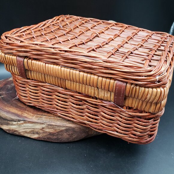 Vintage Wicker Picnic Basket Red Gingham Lining and Faux Food Cheese Bread Fruit - Picture 3 of 13